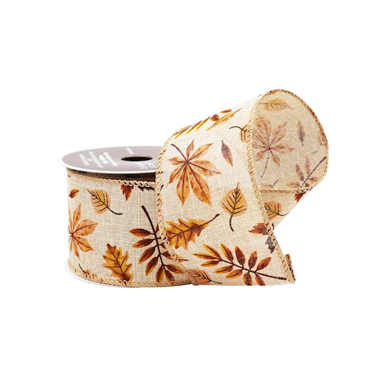 2.5" x 6.6yd. Fall Leaves Wired Faux Linen Ribbon by Celebrate It®